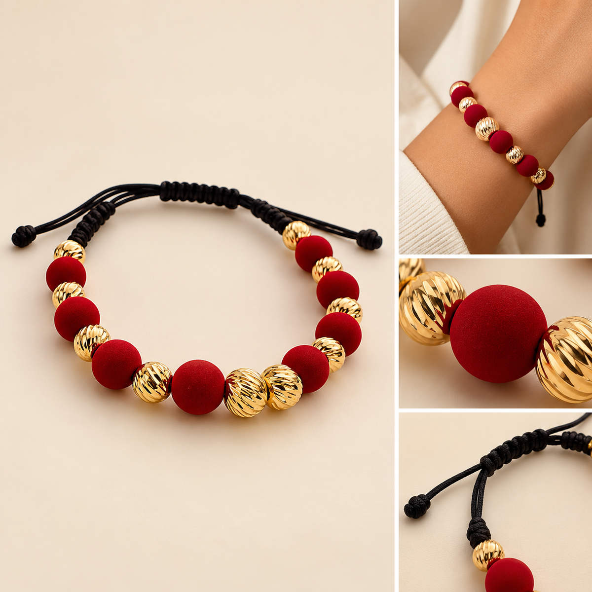 18K Gold Beaded Bracelet with Red Velvet Beads – Adjustable