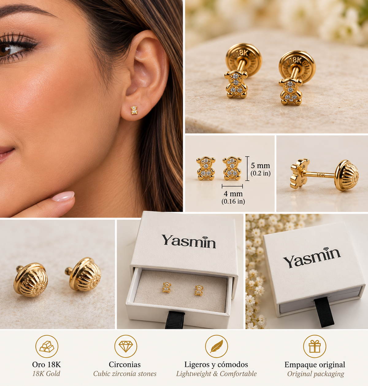 18K Gold Tiny Bear Stud Earrings with Stones – Screw Back