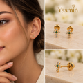 18K Gold Mini Cross Stud Earrings with White & Emerald Green Cubic Zirconia – Screw Back
