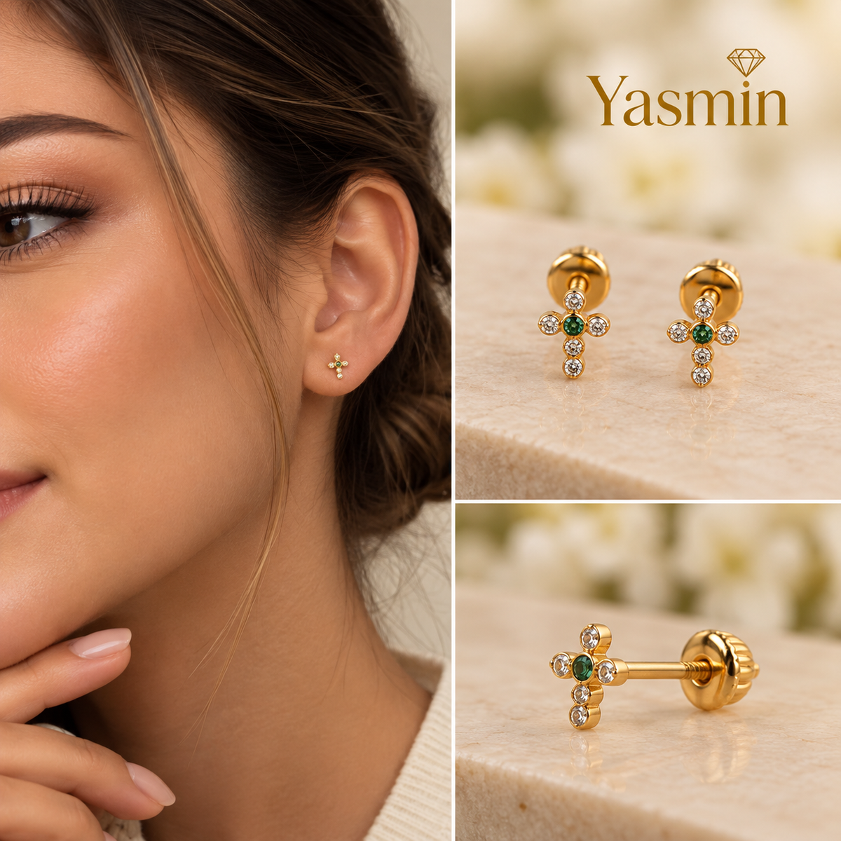 18K Gold Mini Cross Stud Earrings with White & Emerald Green Cubic Zirconia – Screw Back