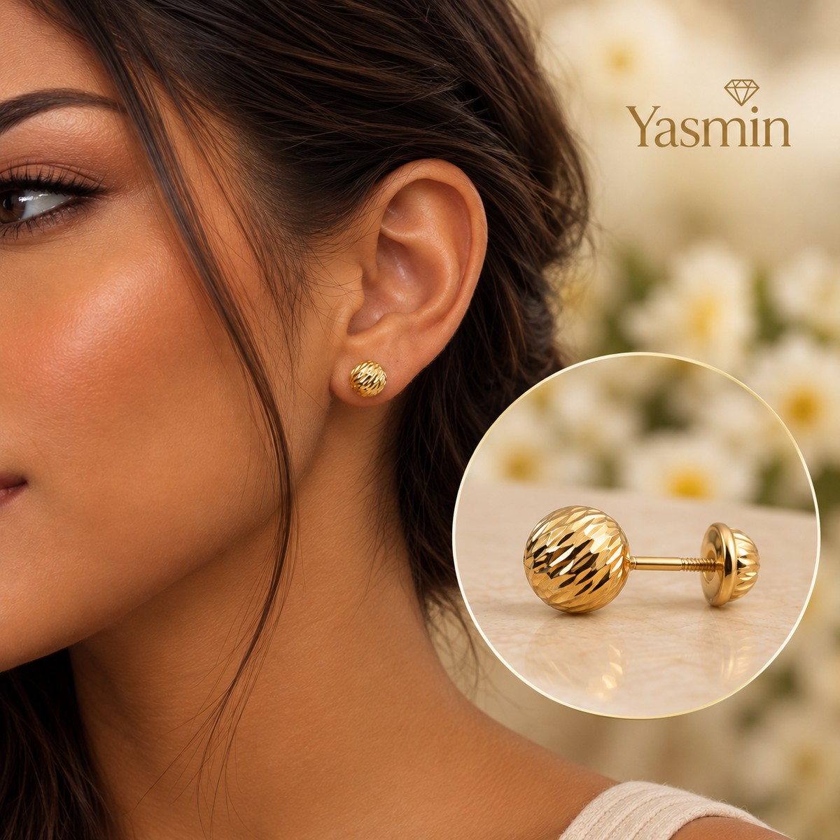 18K Gold Diamond-Cut Ball Stud Earrings – Screw Back