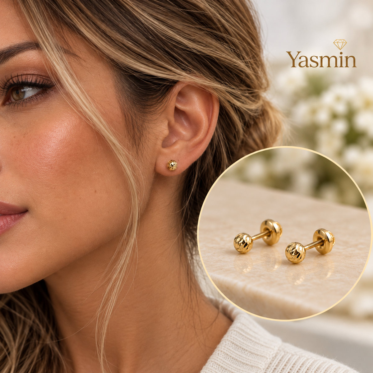 18K Gold Mini Diamond-Cut Ball Stud Earrings – Screw Back