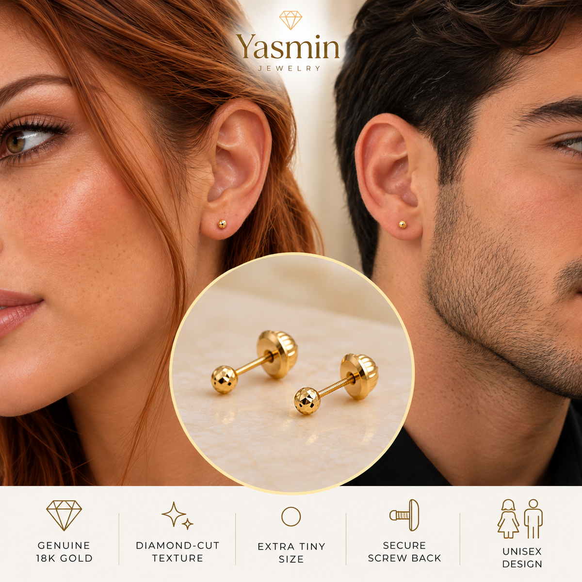 18K Gold Extra Tiny Diamond-Cut Ball Stud Earrings – Screw Back