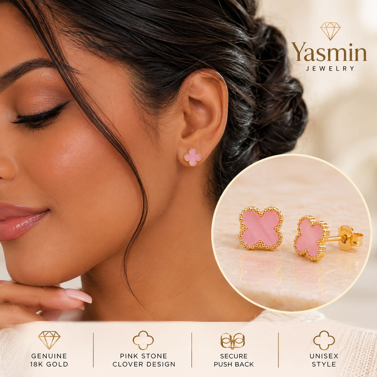 18K Gold Pink Clover Stud Earrings – Four Leaf Design