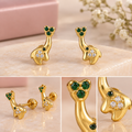 18K Gold Giraffe Stud Earrings with Green and White Stones – Girls’ Jewelry