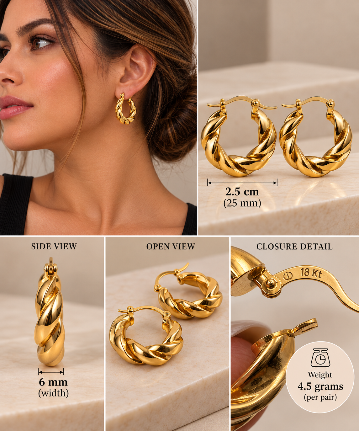 18K Gold Twisted Hoop Earrings – 25mm | 4.5g