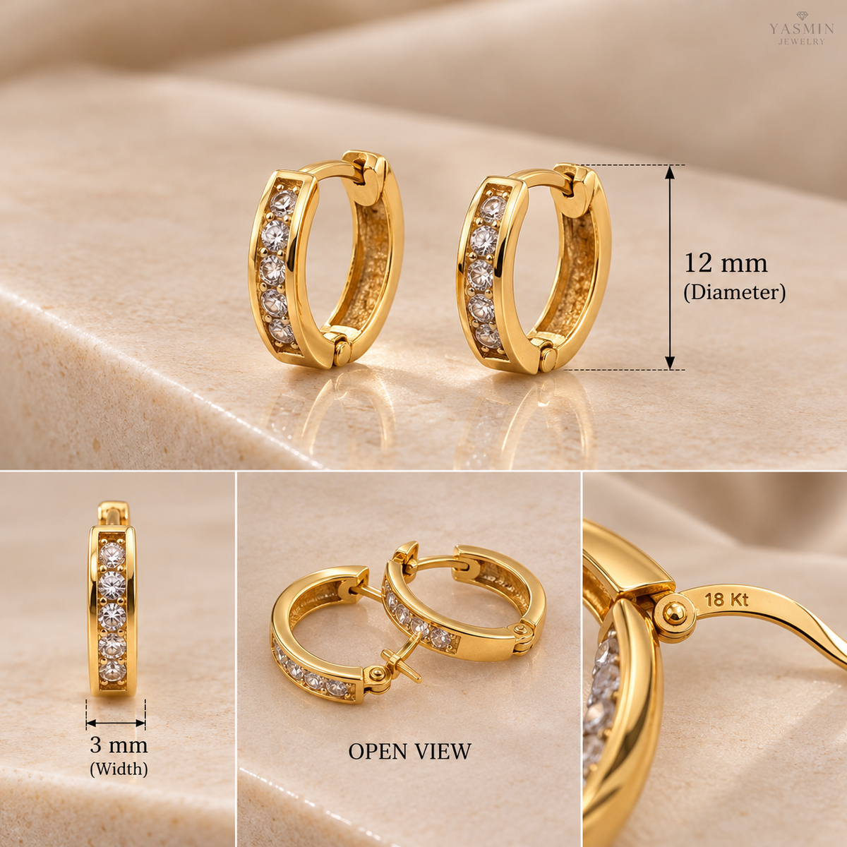 18K Yellow Gold Small Hoop Earrings with Sparkling Stones – 12mm