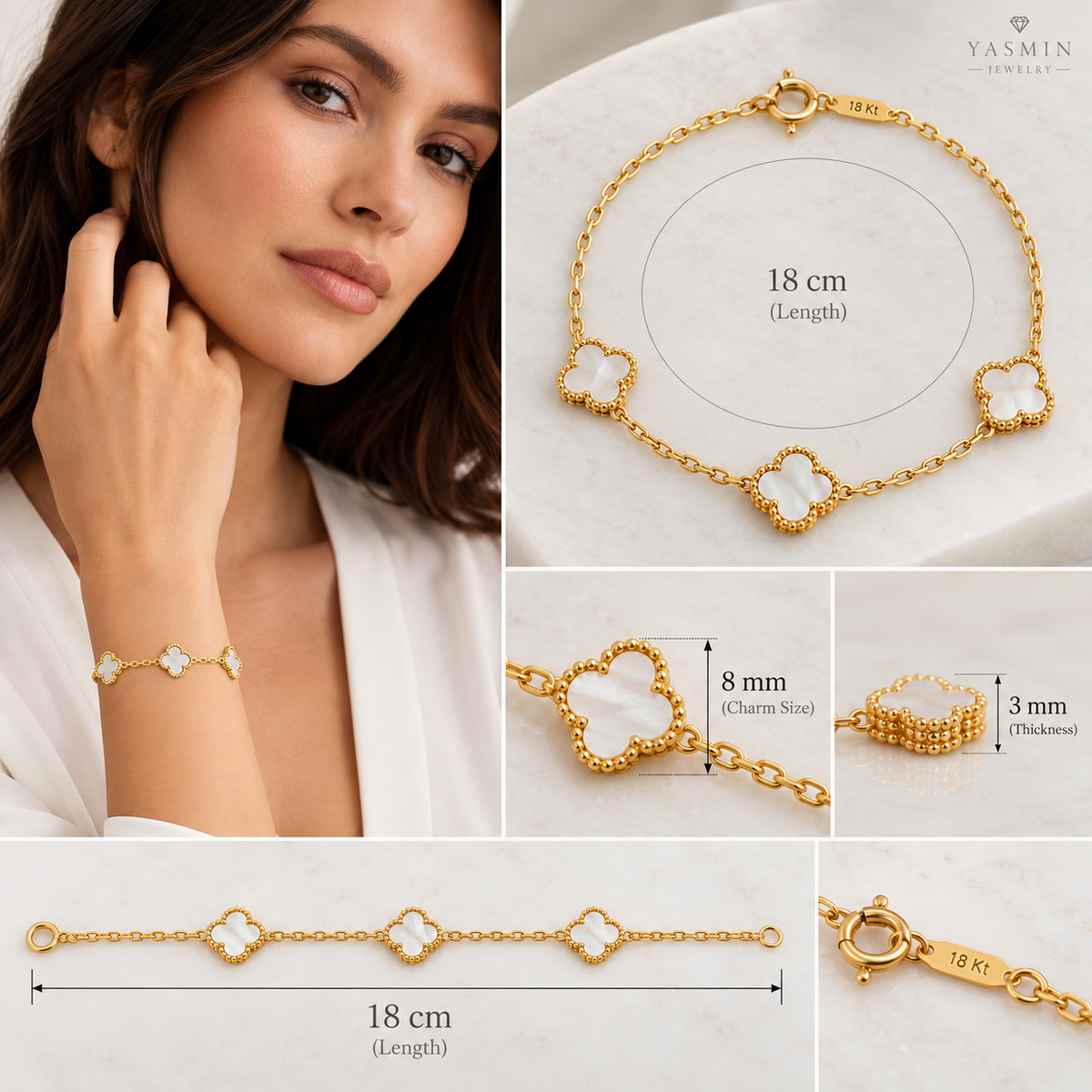 18K Yellow Gold Mother of Pearl Three Clover Bracelet – 4.3g