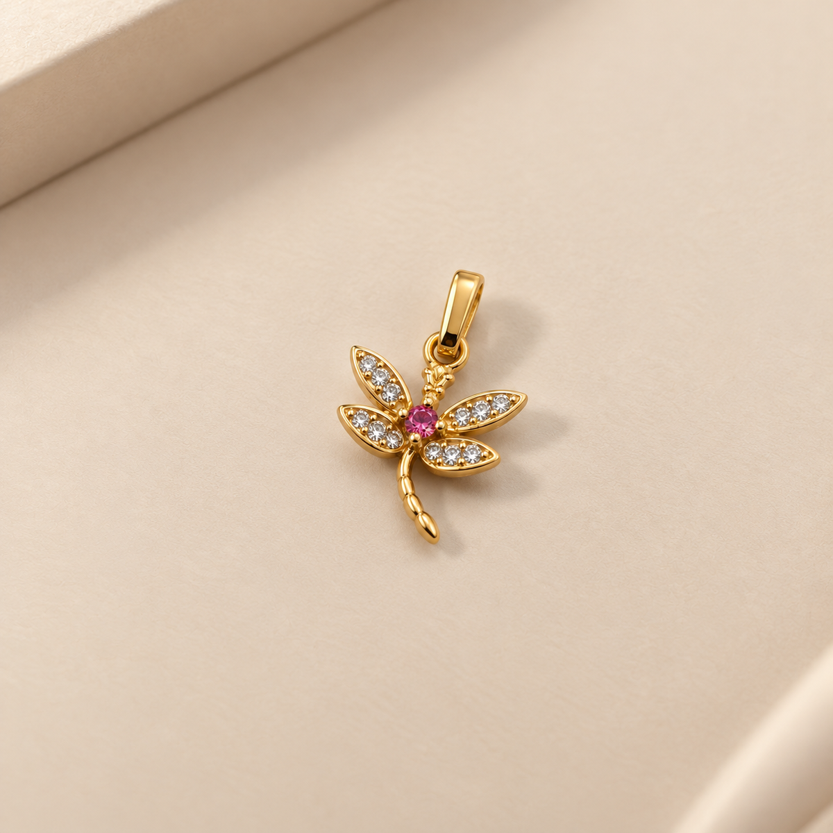 18K Gold Dragonfly Pendant with Pink Zircon – 1 Gram