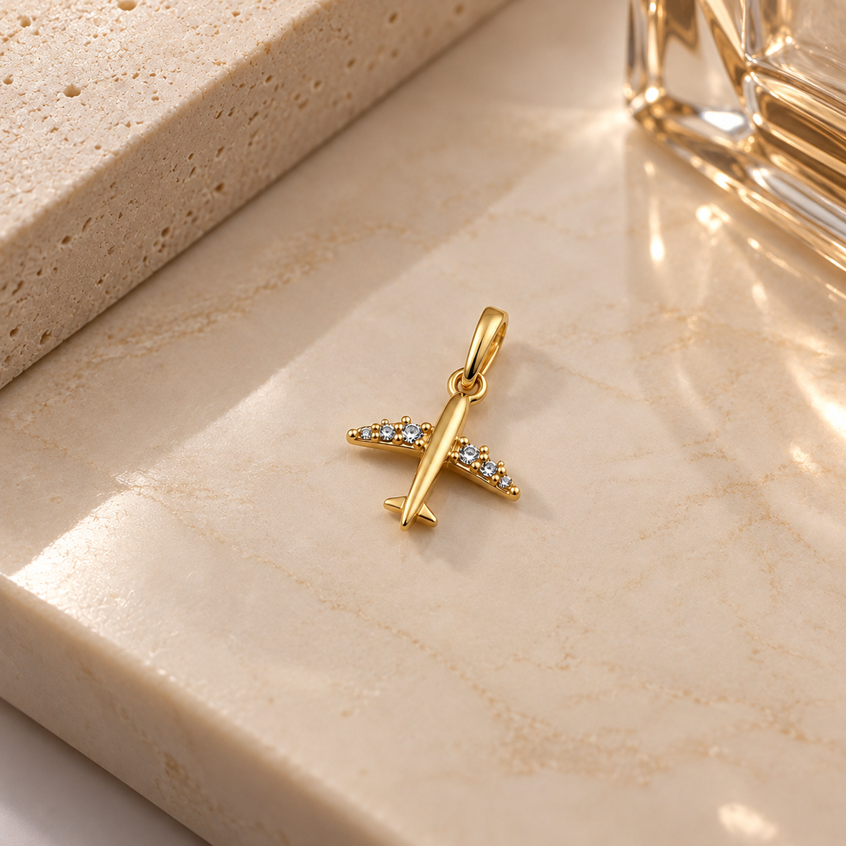 18K Solid Gold Airplane Pendant with Sparkling Stones – 1 Gram